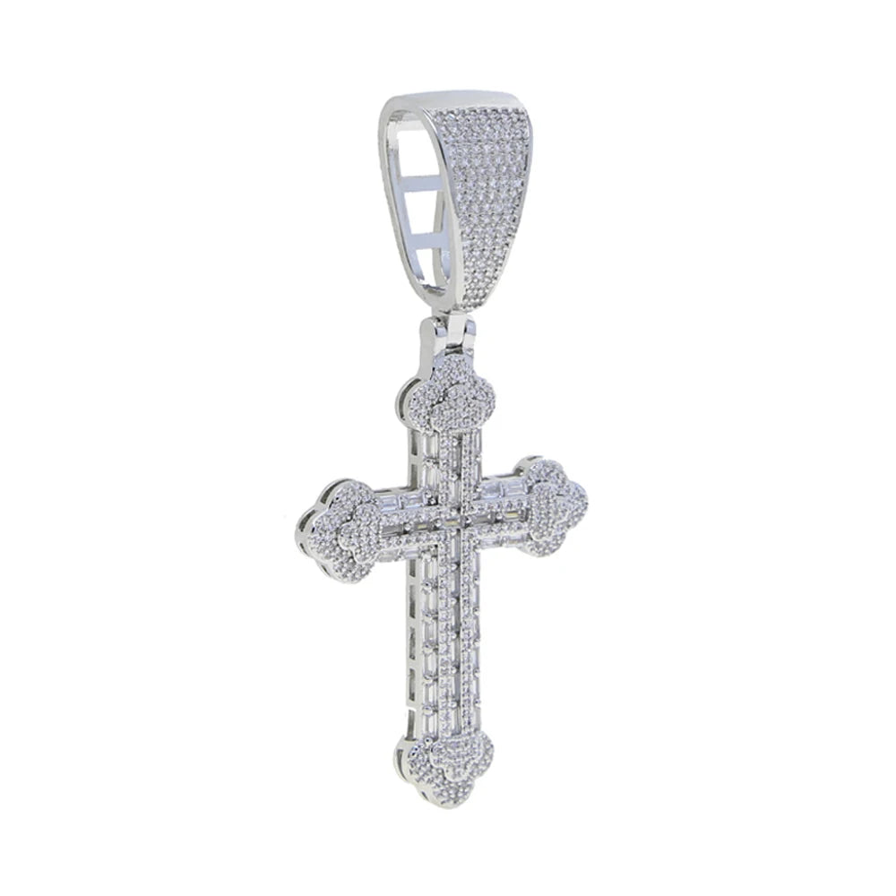 New Iced Out Bling CZ Cross Pendant Necklace Silver Color Prong Setting Cubic Zirconia Jesus Charm Men Women Hip Hop