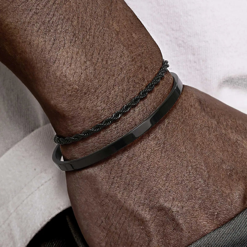 Men's 2pcs Set Simple Fashion Cuban Snake Link Chain Bracelet Stainless Steel Open Cuff Bangle Punk Hip Hop Jewelry Set