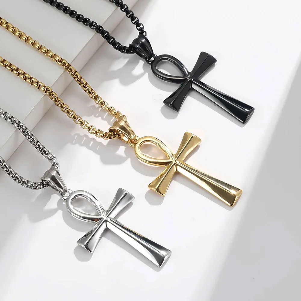 Retro Simple Egyptian Anka Cross Stainless Steel Pendant Necklace Popular Fashion Men and Women Outdoor Party Myth Jewelry Gifts