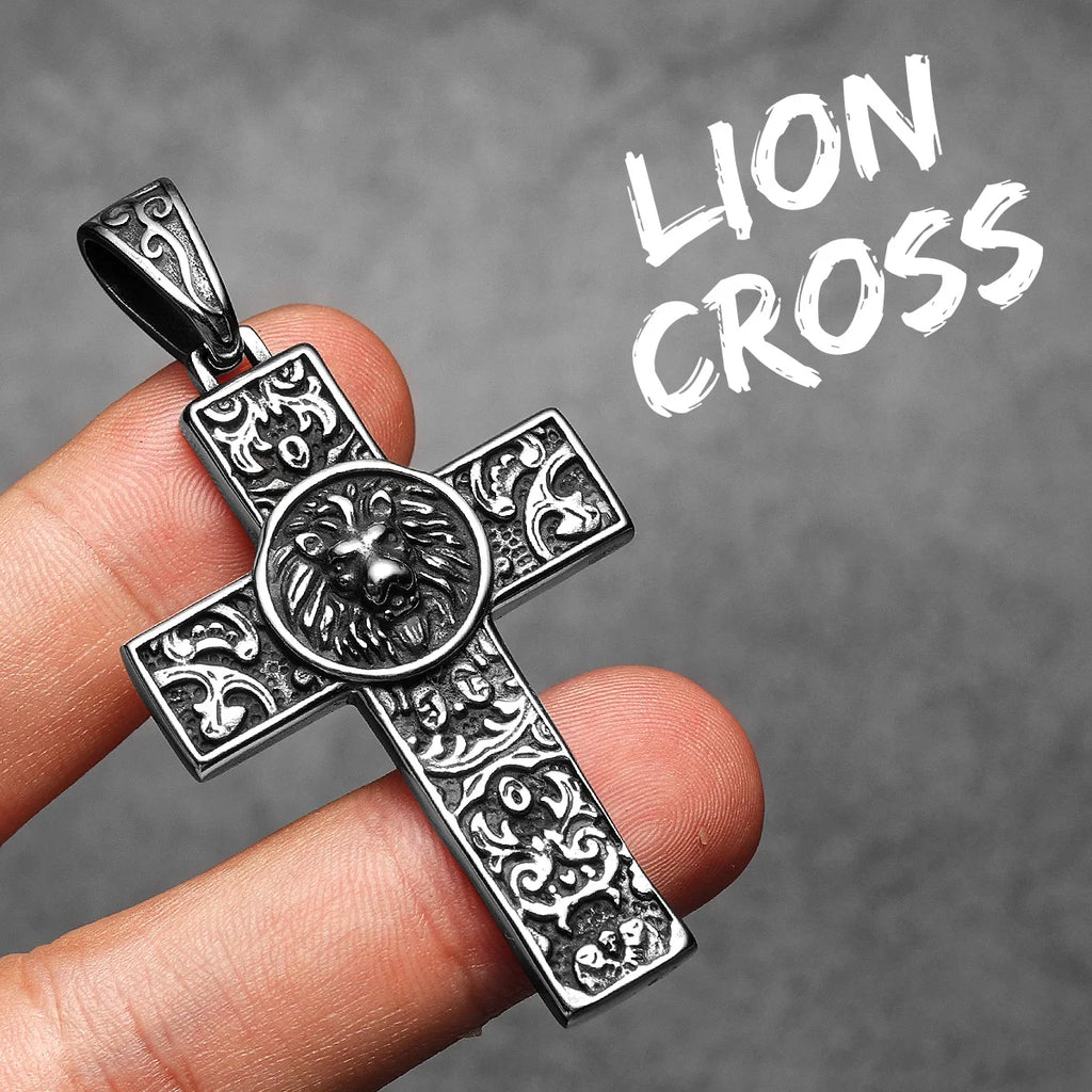Lion Carving Flowers Cross Men Necklaces Stainless Steel Pendant Chain Women Fashion Jewelry Punk Accessories Gifts