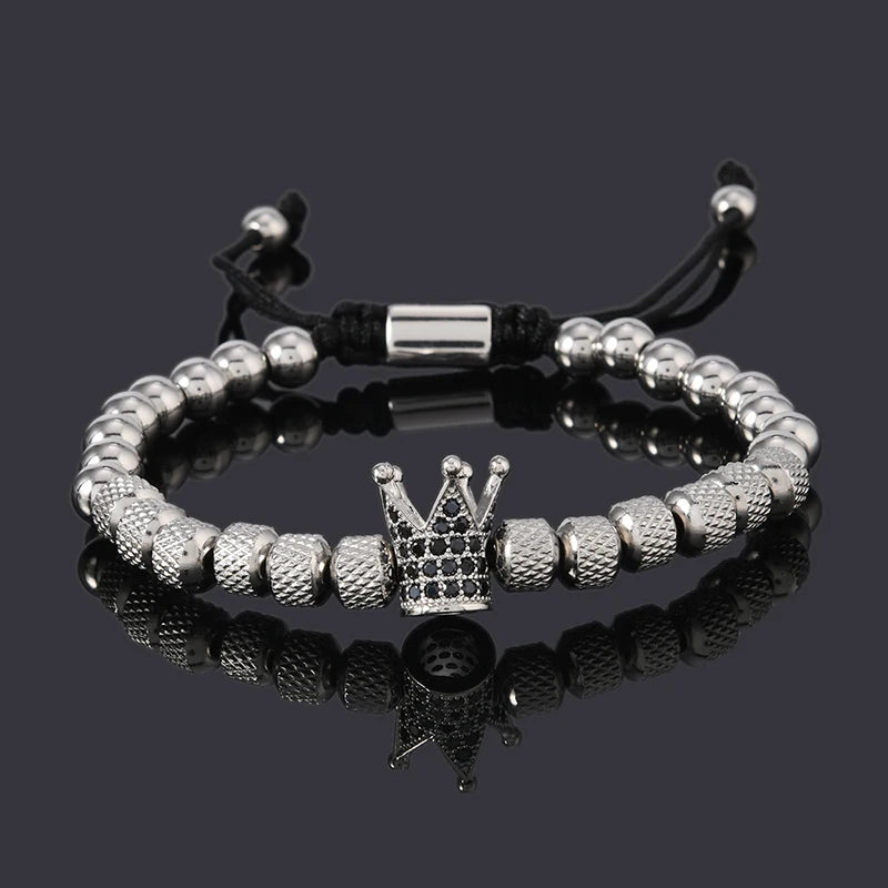 Luxury Stainless Steel Beads Royal Gold Crown Charm Man Bracelet Handmade Women Jewelry Gift