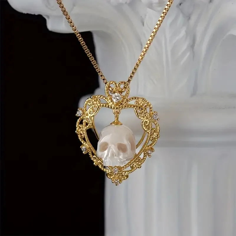 Boho Unisex Copper Skull Pendant Necklace with Faux Pearl Heart and Zirconia Accents, Everyday Wear Vacation Party
