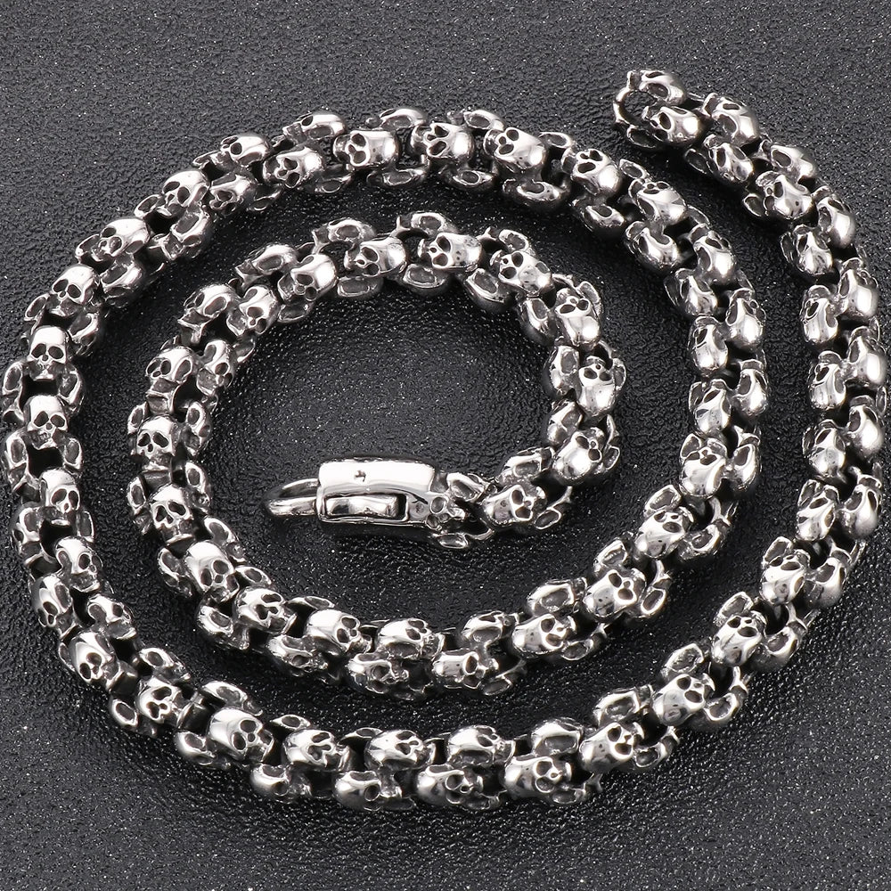 12MM Width Men's Stainless Steel Skull Head Link Chain Necklace Punk Rock On Neck Skeleton Jewelry Gothic Style