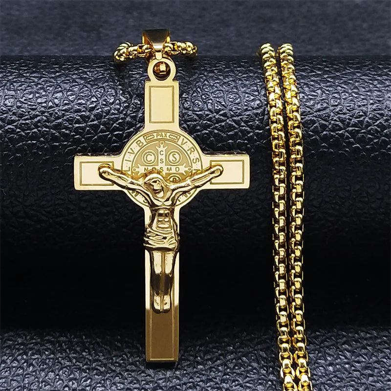 Saint Benedict Jesus Crucifix Chain Necklace — Stainless Steel