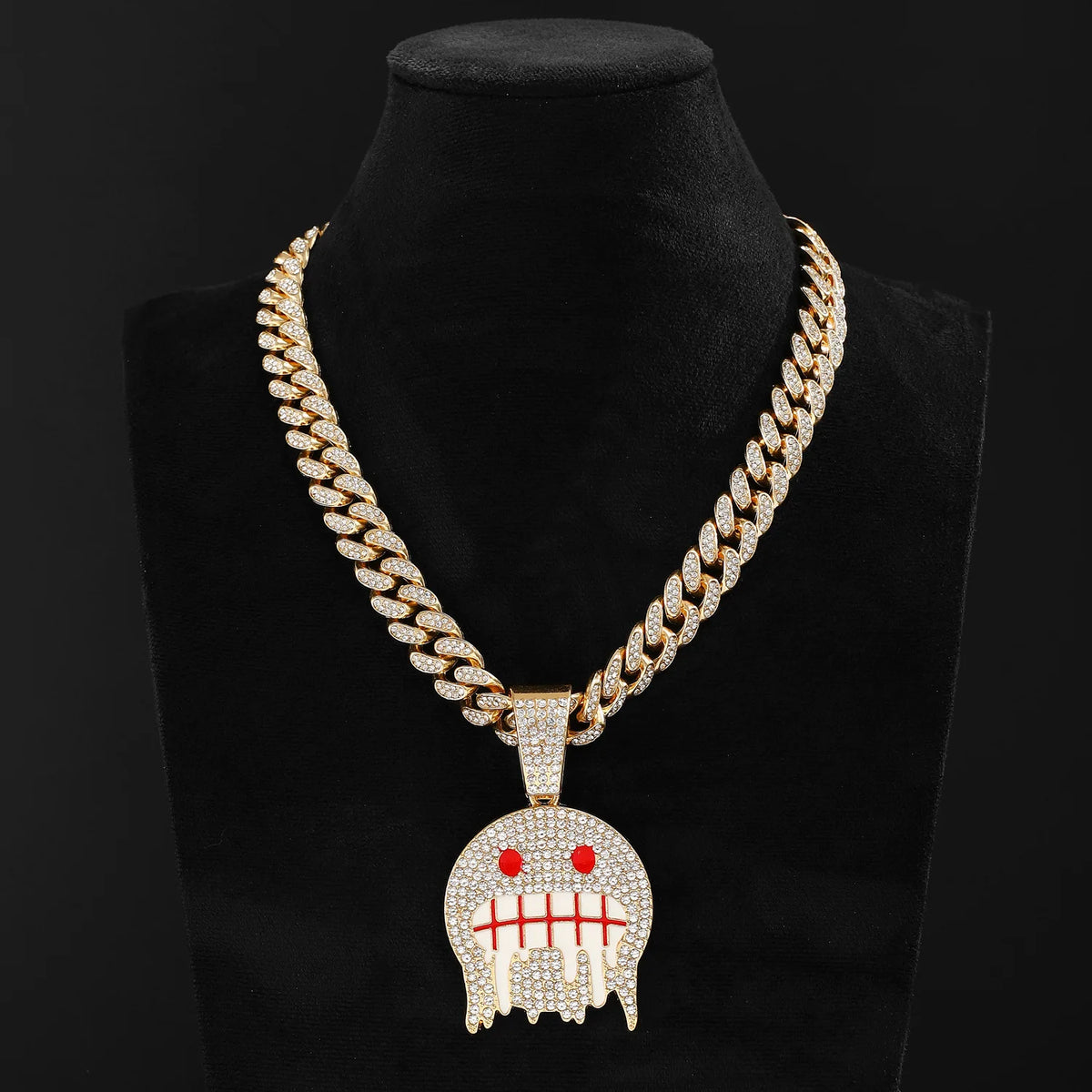 Full Crystal Cross Pendant Cuban Chain Necklace — Two-Tone