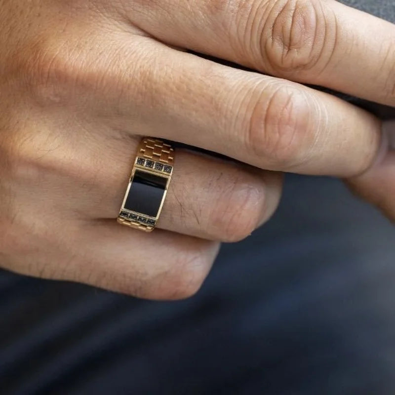 Gold Plated Stainless Steel Rings For Men Creative Gold Drip Oil Black Diamond Ring Jewelry Accessories Wholesale Size 7-13