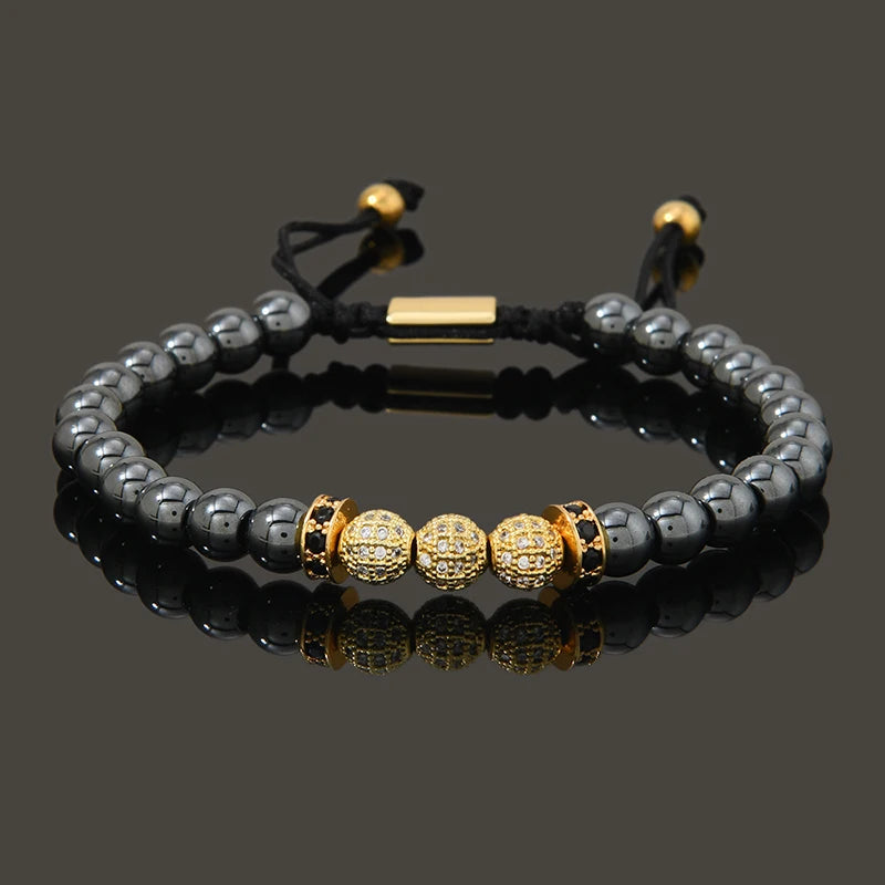 Luxury Natural Hematite Stone Beads CZ Ball Charms Man Bracelet For Women Hand Jewelry Gift For Boy