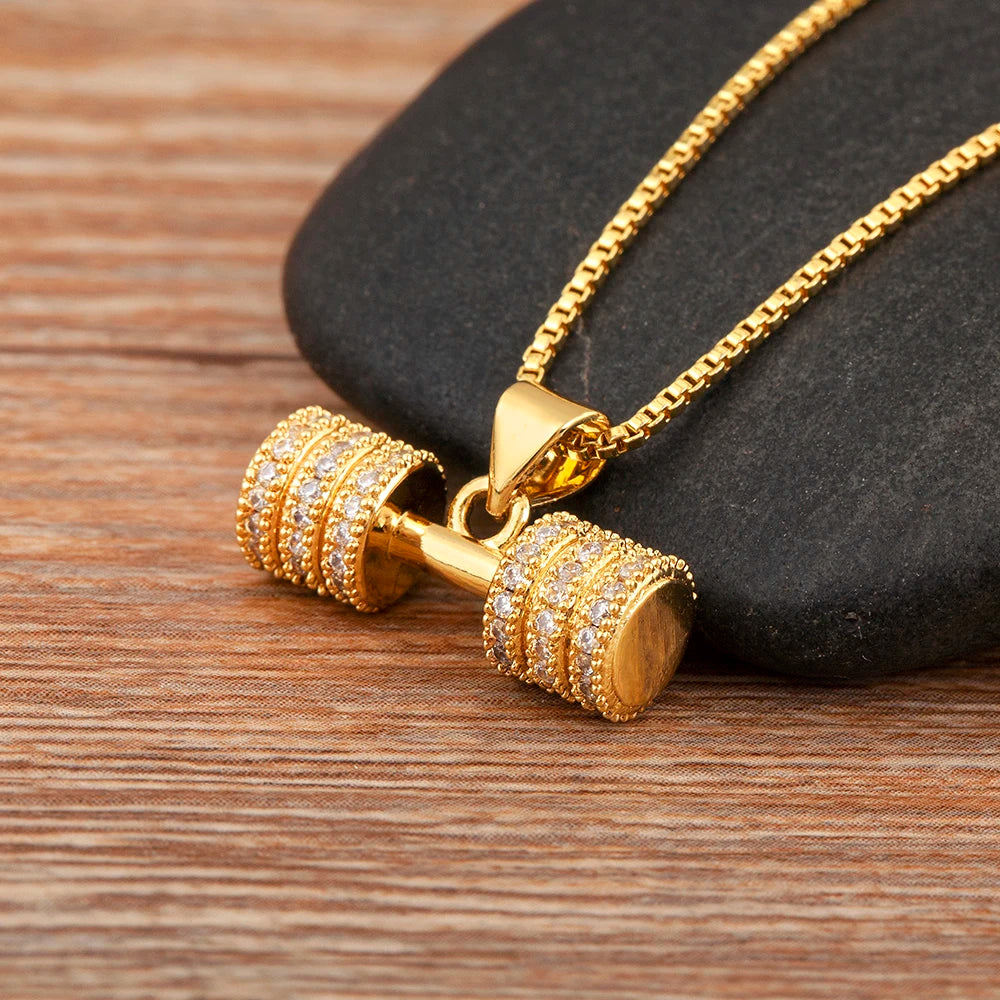 Fashion Crystal Barbell Dumbbell Pendant Necklace Fitness Weightlifting Necklace Women's Gym Sports Copper Jewelry Gift