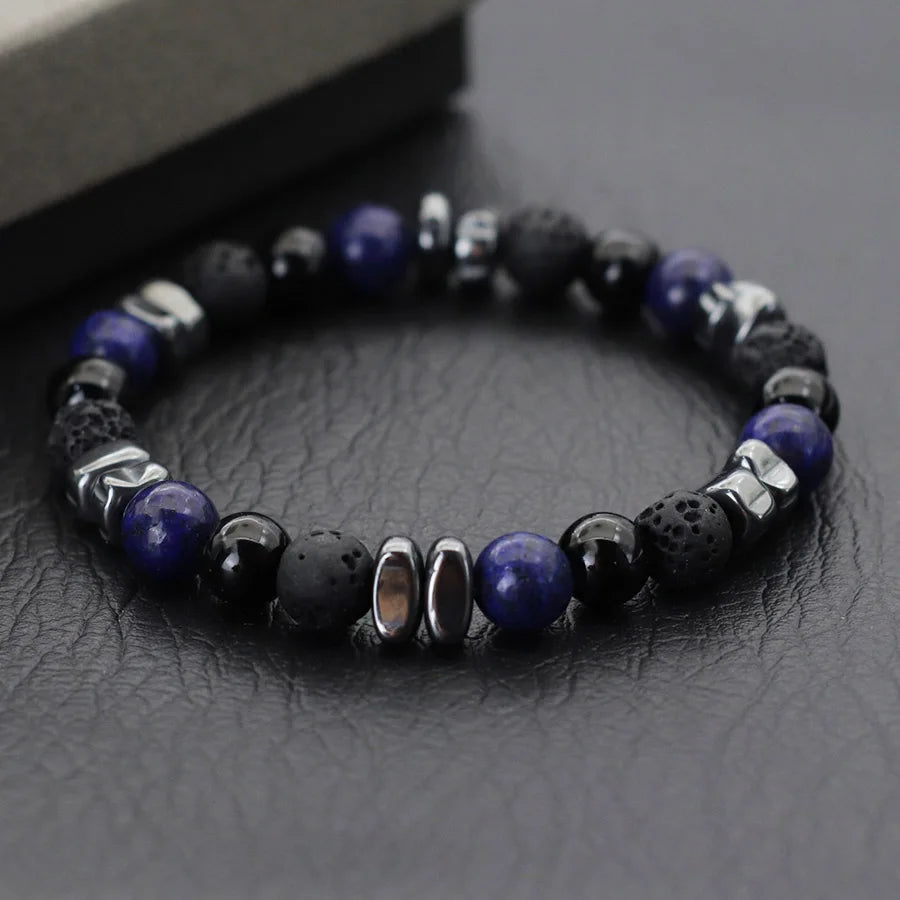 Stone Bead Strand Bracelet for Men — Blue, Black & Brown Options