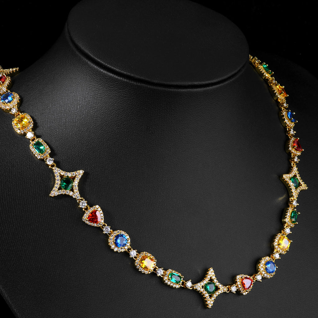 Gold Iced Out Chain Necklace Colored Gemstone