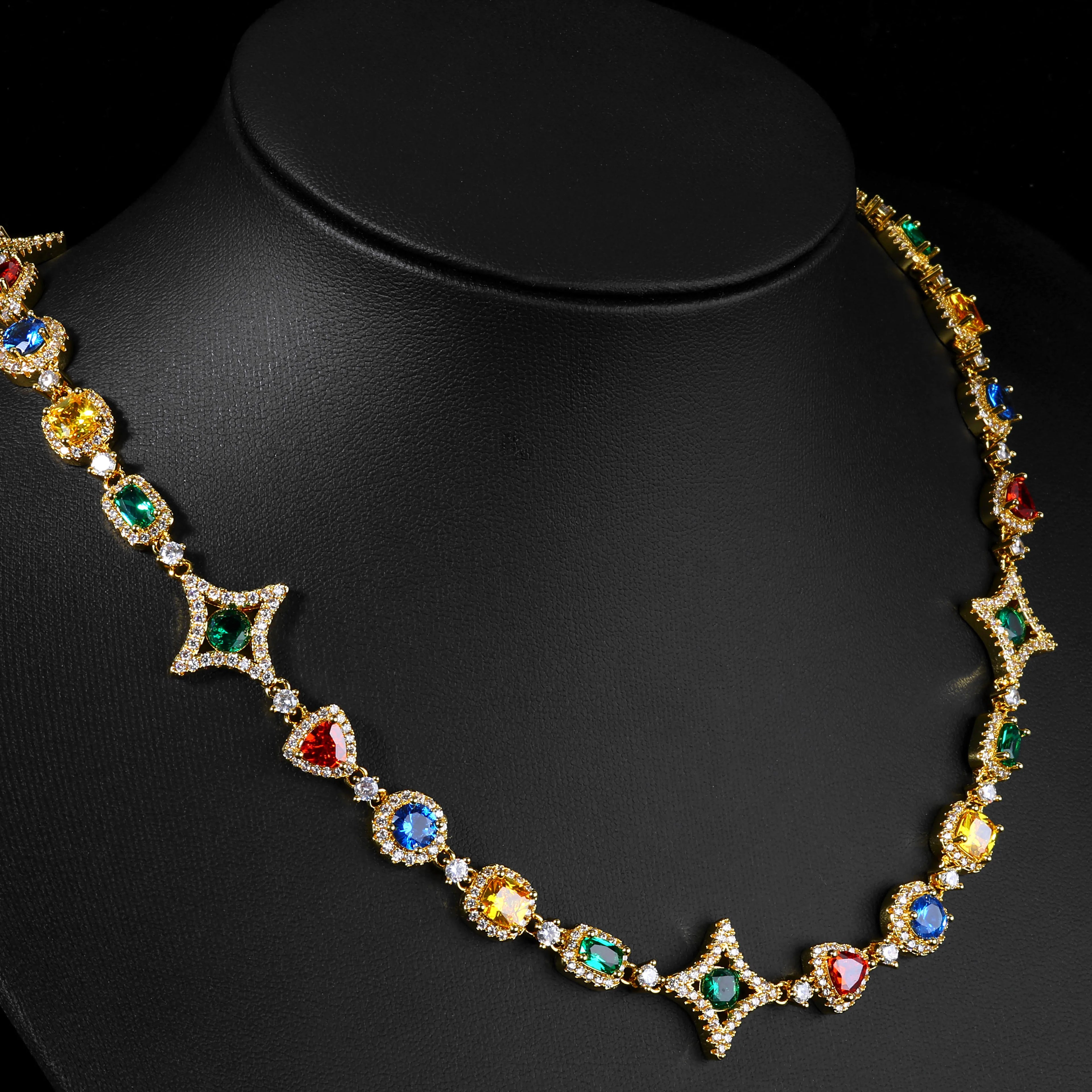 Gold Iced Out Chain Necklace Colored Gemstone