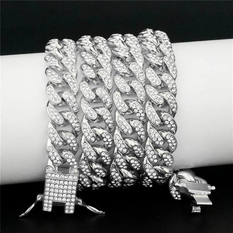 13MM AAA Rhinestone Iced Out Miami Cuban Link Chain Necklace For Men Women Chains Hip Hop Silver Color Jewelry On The