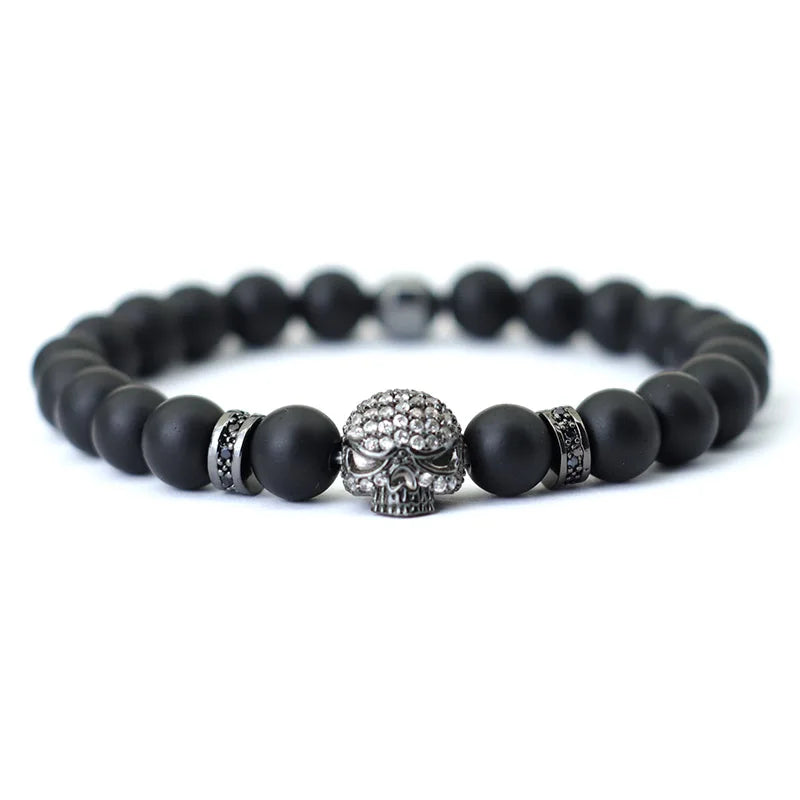 Noter Hiphop Men Bracelet Beaded 8mm Onyx Stone Braclet Wolf Lion Animal Braslet Punk Jewelry Pirate Skull Brazalete