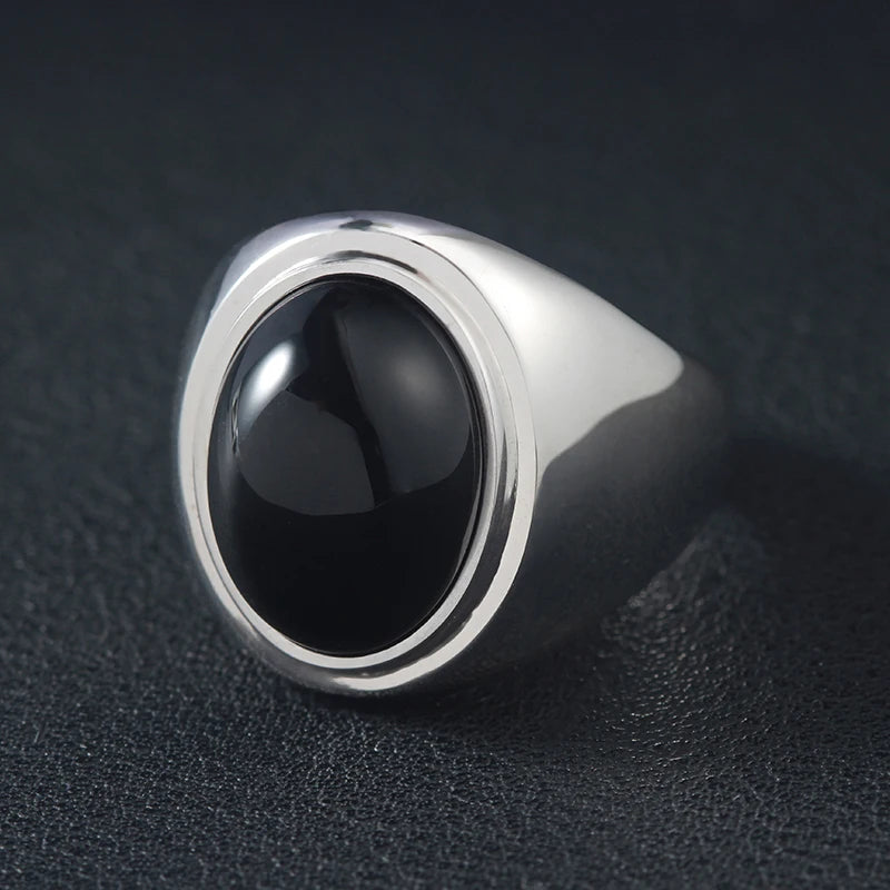 Black Agate Letter Ring — 925 Silver