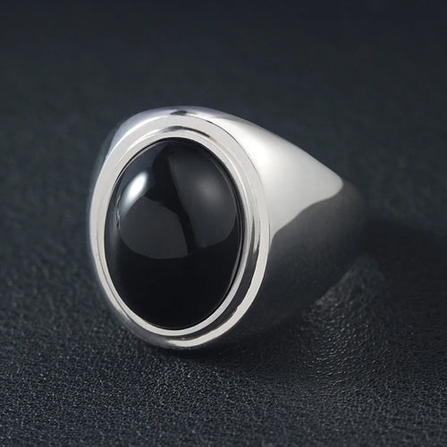 Black Agate Letter Ring — 925 Silver