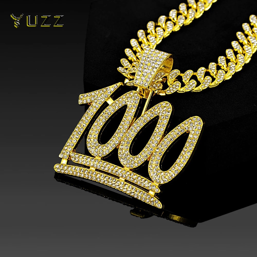 Fashion Shine Number 1000 Fraction Pendant Necklace With14mm Crystal Cuban Chain For Men Women Hip Hop Party Jewelry Accessories