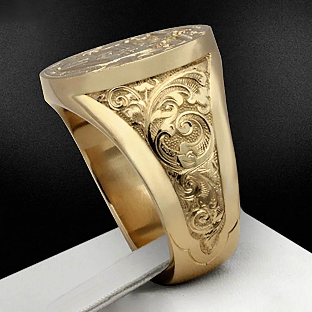 2026 Popular 925 Silver Plated 18k Gold Retro Carved Godfather Ring, High-end Men's Engagement Wedding Ring