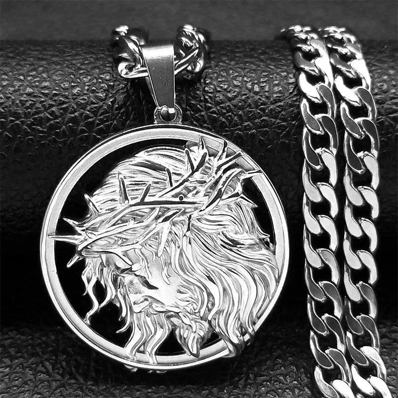 Jesus Crown of thorns Men's Necklace Stainless Steel Gold Color Chain Crucifix Medal Male Neckalces Religious Jewelry