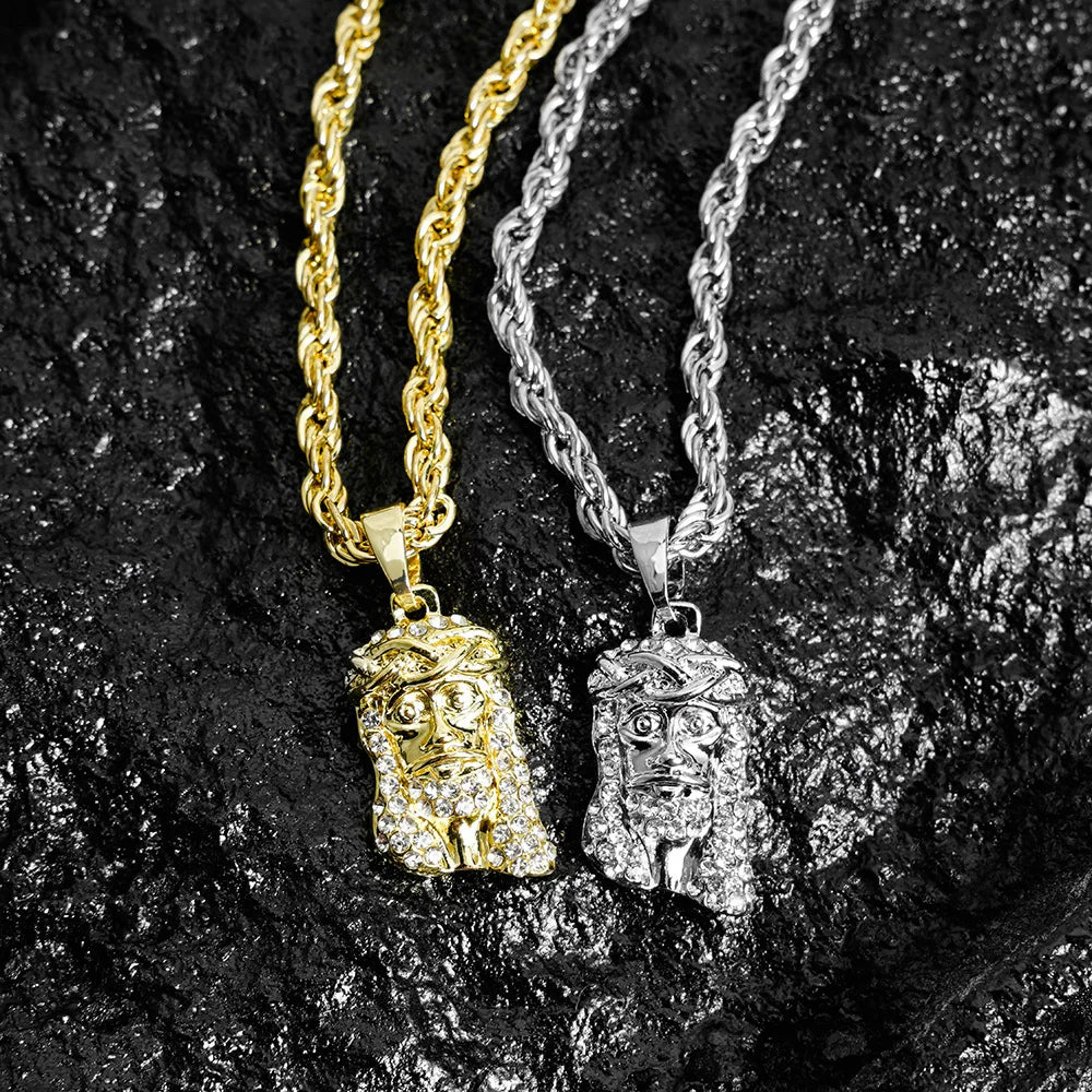 Men Hip Hop Jesus Piece Head Face Pendant Necklace With 4mm Rope Chain Shining Crystal Charm Pendants Jewelry Gift For