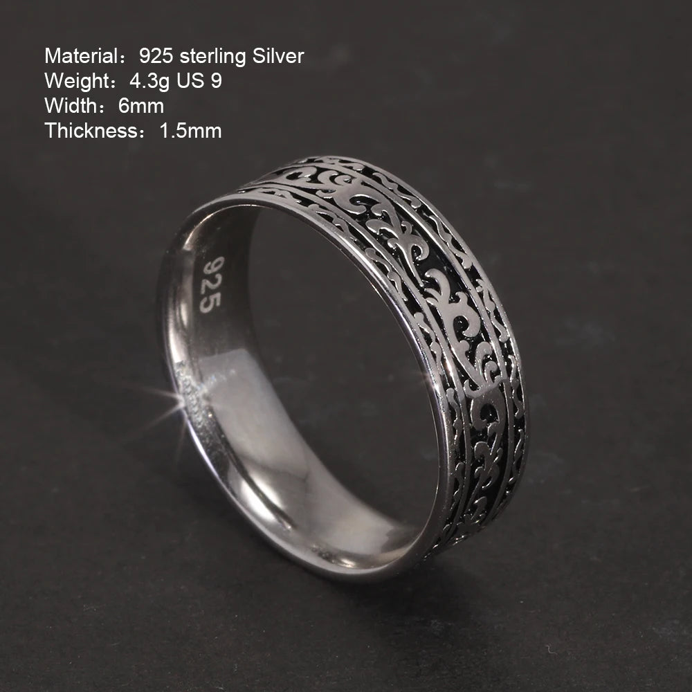 Vintage 925 Sterling Silver Wedding Band Ring with Tangcao Pattern for Men and Women Christmas Party Jewelry Gift Accessories