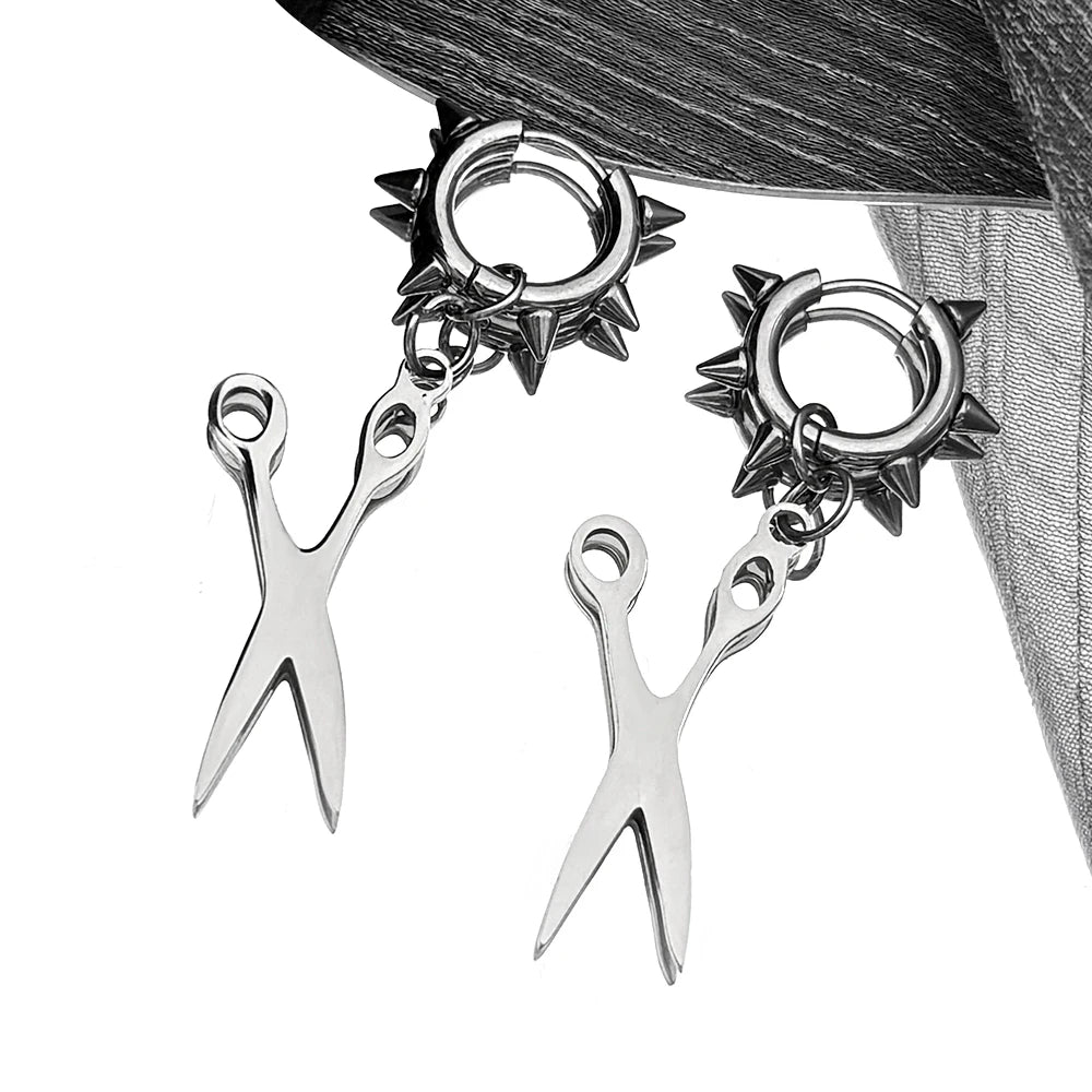 Hiphop Scissors Rivet Earrings For Women Men Stainless Steel Silver Color Gothic Male emo Hoop Dangle Ear Ring Jewelry Accessory