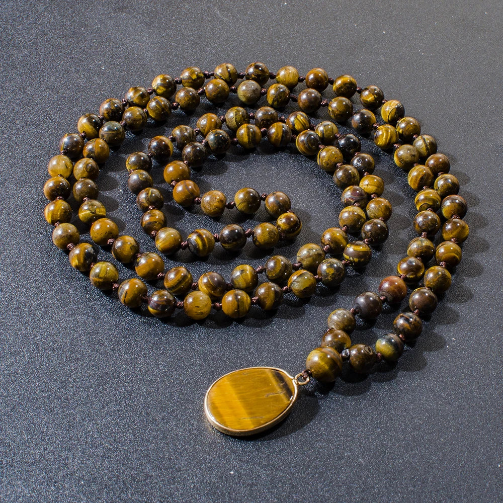 8mm Yellow Tiger Eye Bead Knot 108 Mala Necklace Meditation Yoga Prayer Jewelry with Tiger Eye Pendant for Men and Women