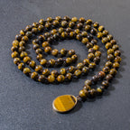 8mm Yellow Tiger Eye Bead Knot 108 Mala Necklace Meditation Yoga Prayer Jewelry with Tiger Eye Pendant for Men and Women