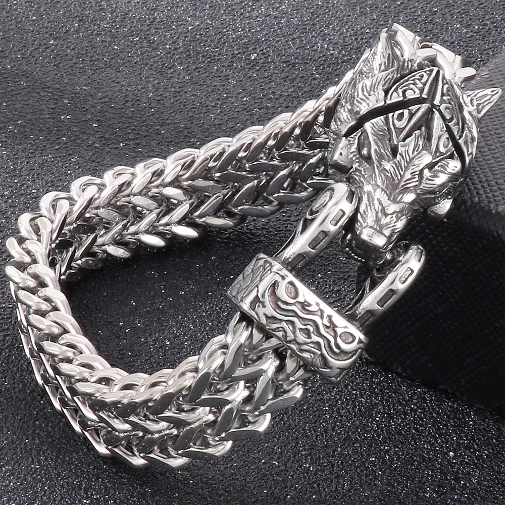 Nordic Viking Jewelry Man Bracelet With Snake Owl Wolf Head Solid Stainless Steel 12MM Mesh Link Chain Men's Bracelets