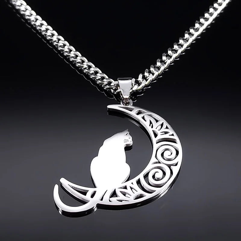 Wicca Moon Cat Choker — Stainless Steel