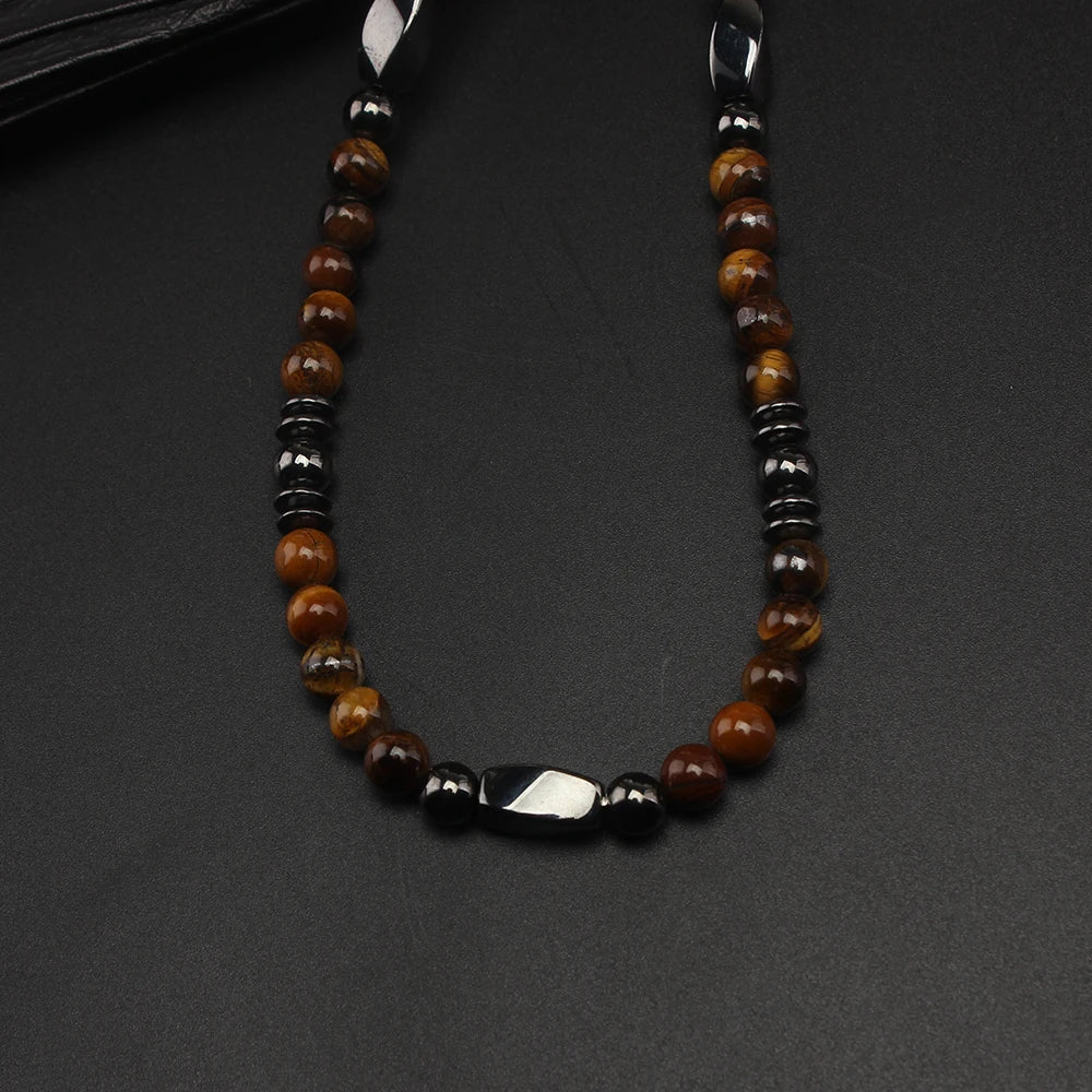 Natural Stone 6mm Tiger-eye Beads Hematite Beaded Necklace for Men Handmad Jewelry