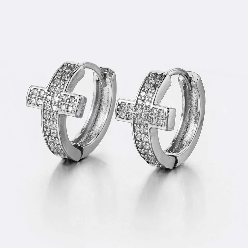 Cross Iced Out Earrings Stainless Steel CZ