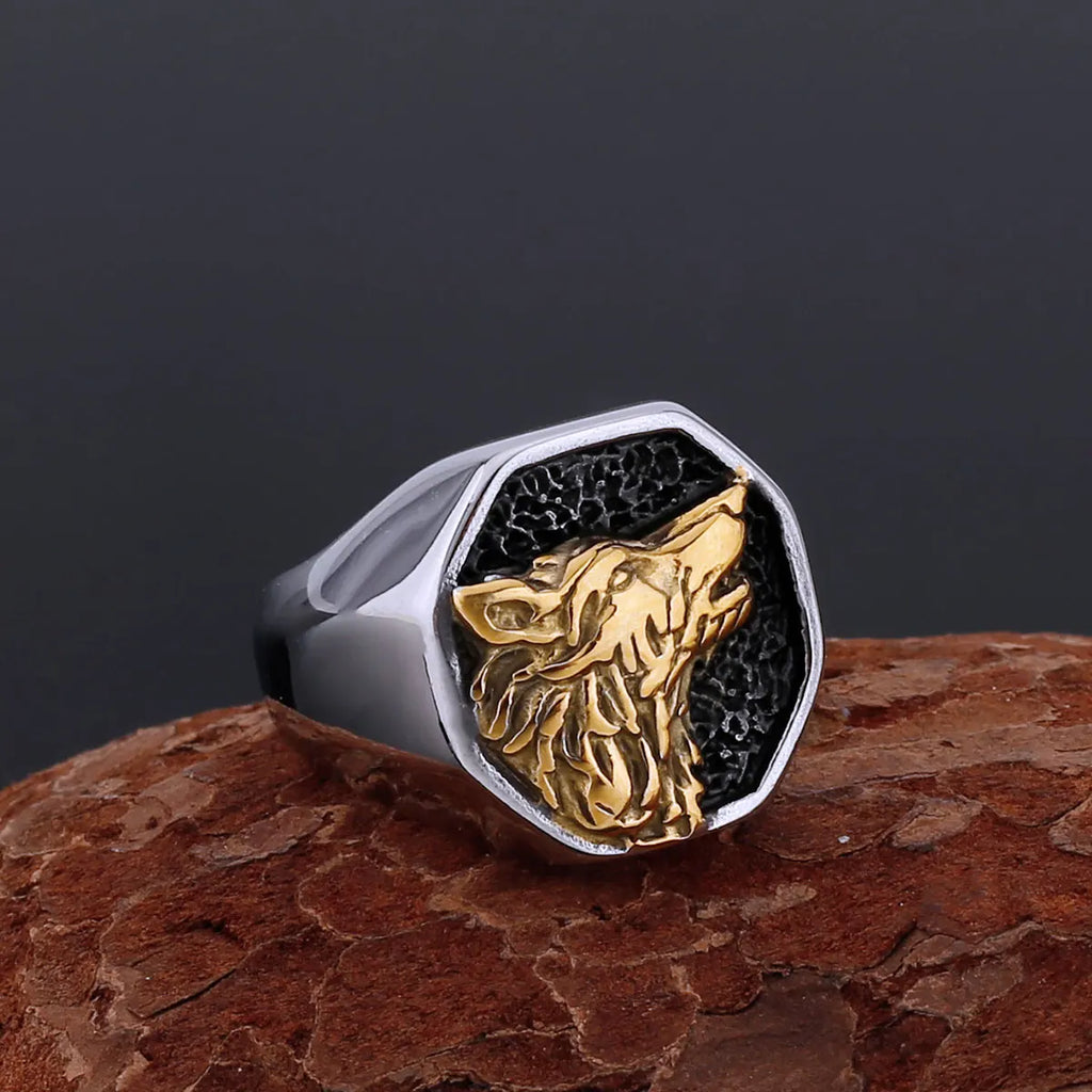 Stainless Steel Polishing Gold Color Wolf Head Ring Nordic Vikings Giant Animal Fenrir Masculine Men Finger Jewelry