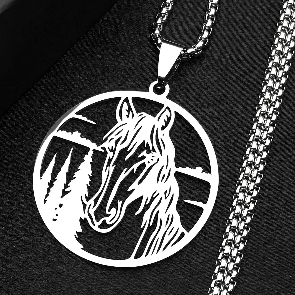 Horse Head Forest Chain For Women Men Stainless Steel Silver Color Natural Pony Boy Animal Male Pendant Necklace