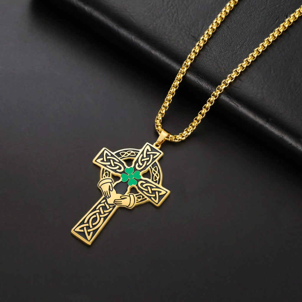 Celtic Cross Shamrock Claddagh Pendant Necklace — Stainless Steel