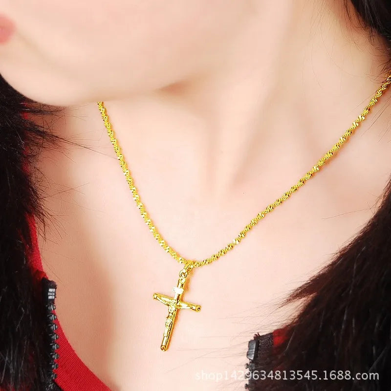 Unisex 24K Gold (AU999) Cross Necklace | Solid gold 3D cross, chiseled holy patterns on matte gold