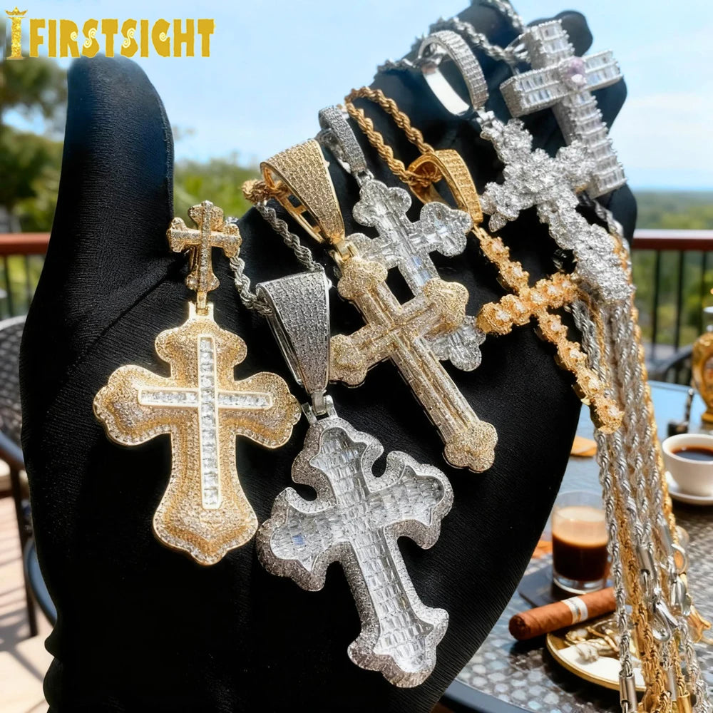 New Iced Out Bling CZ Cross Pendant Necklace Silver Color Prong Setting Cubic Zirconia Jesus Charm Men Women Hip Hop