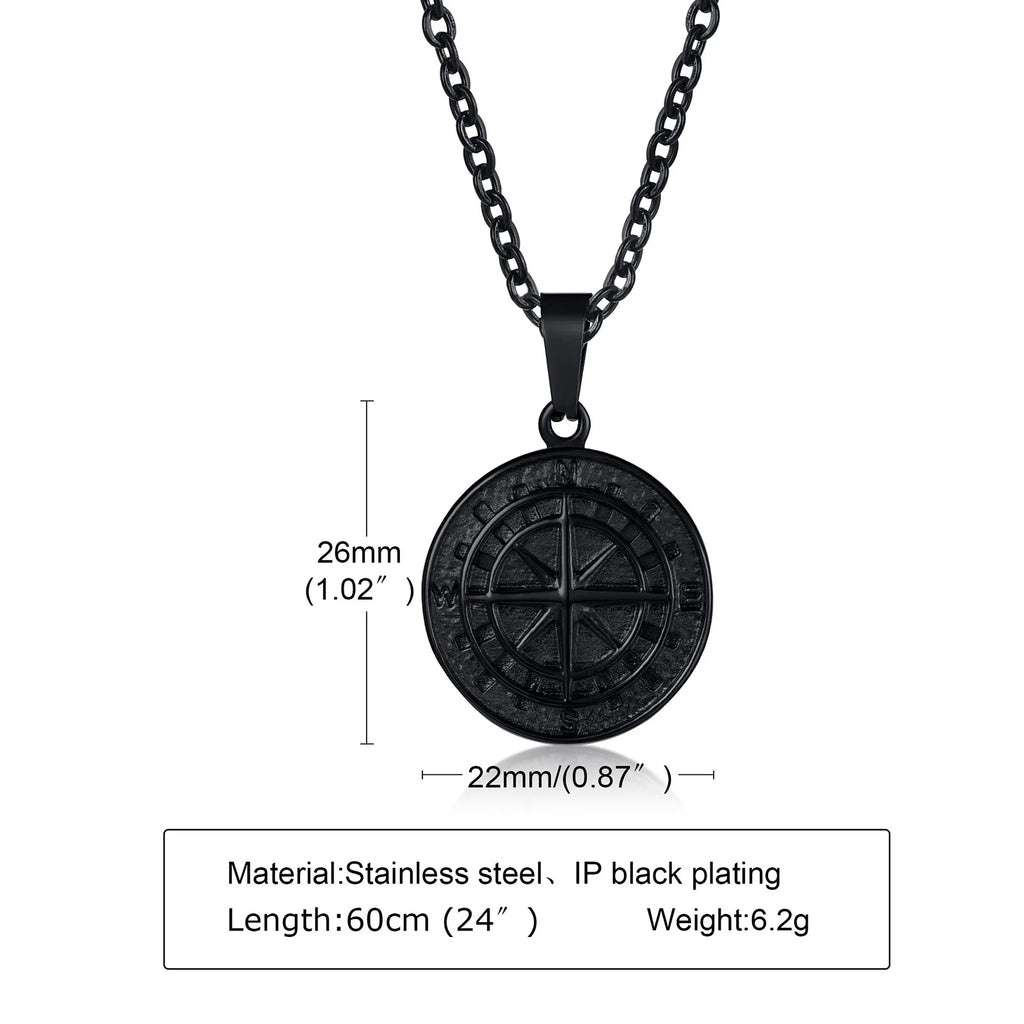 Vintage Compass Coin Pendant Necklace — Stainless Steel
