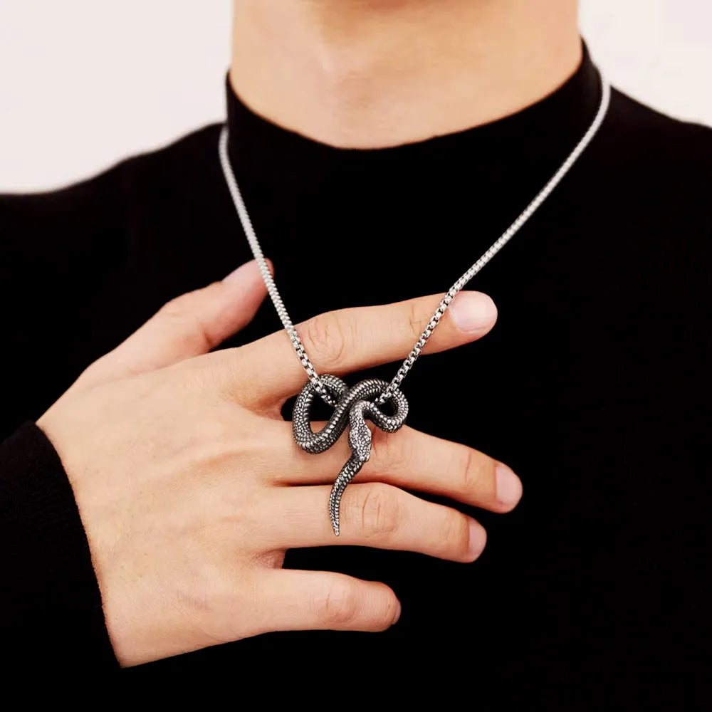 Retro Gothic Three Headed Long Snake Pendant Necklace Stainless Steel Punk Biker Snake Necklace For Men Women Fashion Jewelry