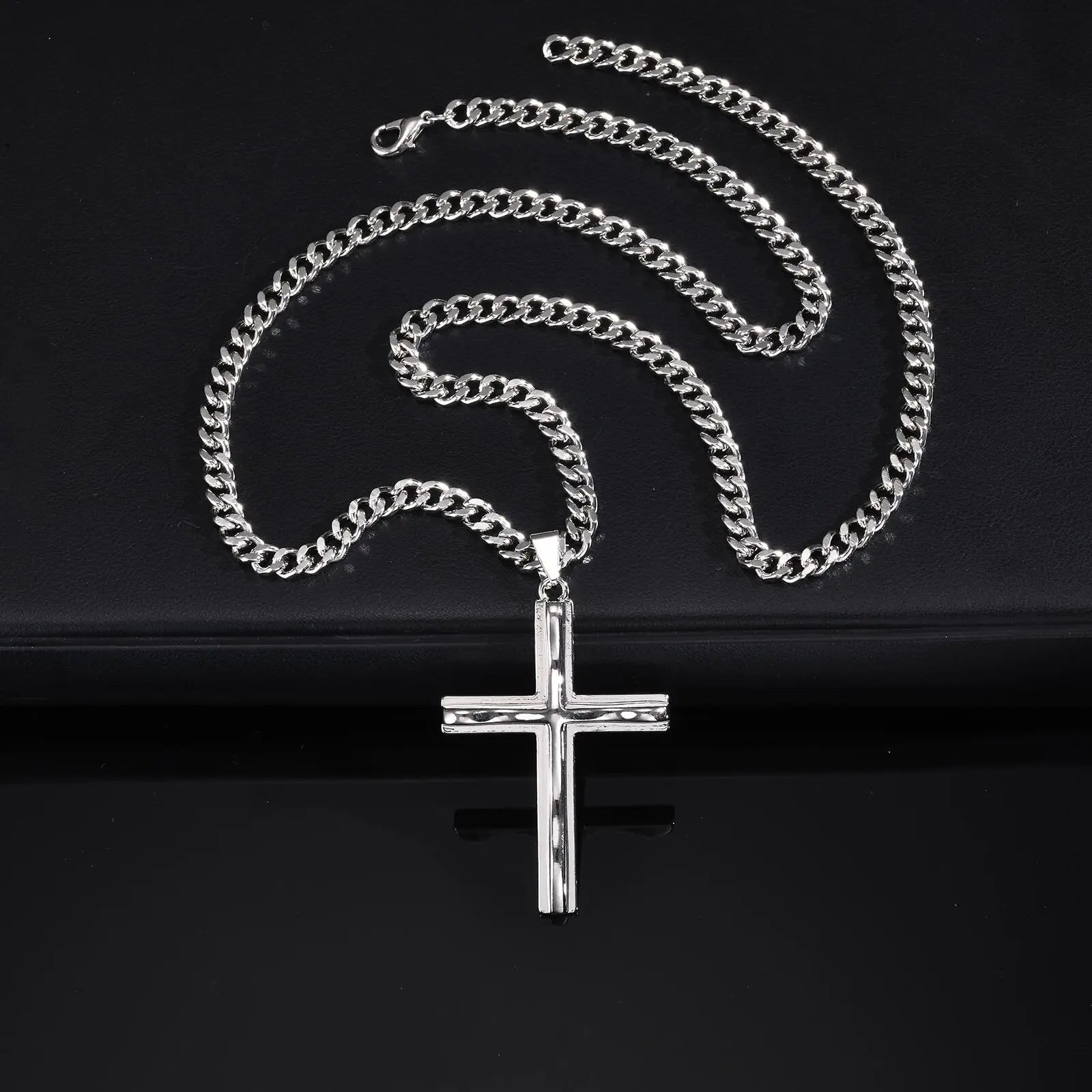 Vnox Mens Big Cross Pendant Necklaces, Religous Faith Jewelry, Two Layers Cross Pendant with Cuban Chain, Punk Hiphop