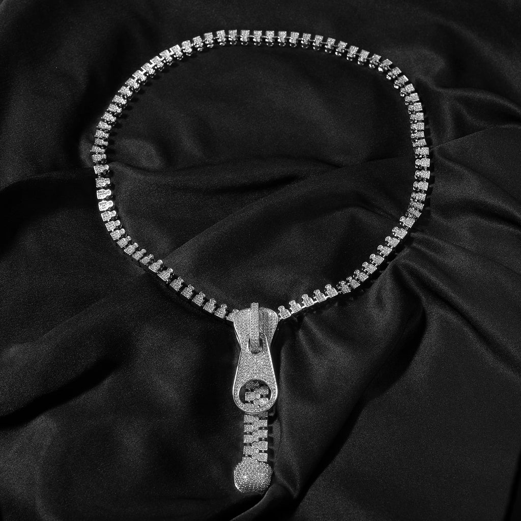 Iced Out Zipper Necklace — Two-Tone CZ Pave, 28 Inch