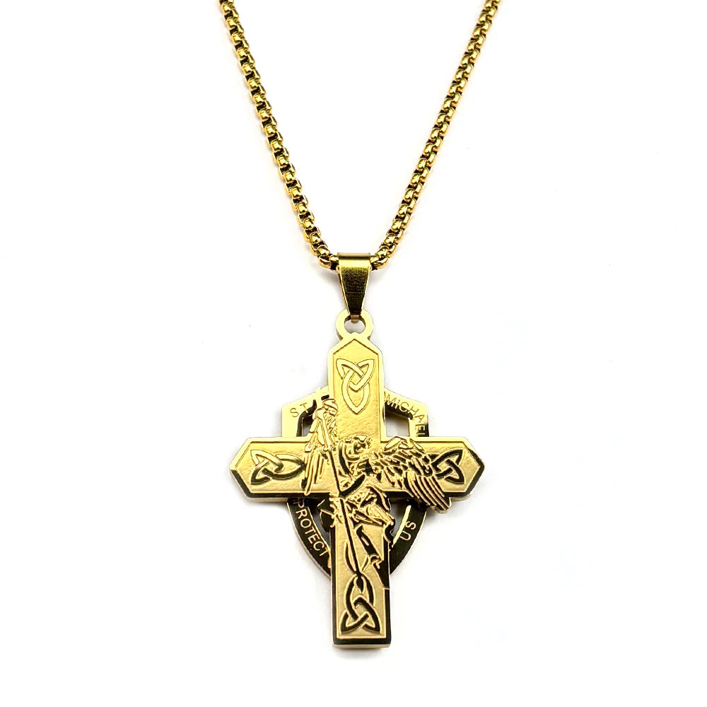 Archangel St.Michael Protect Us Shield Celtic Knot Cross Pendant Necklace Stainless Steel Saint Michael Amulet Chain