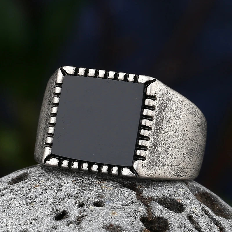 2022 Turkey Jewelry Black Square Ring Men Stainless Steel Mens Rings Natural Onyx Stone Vintage Cool Fashion Retro Punk