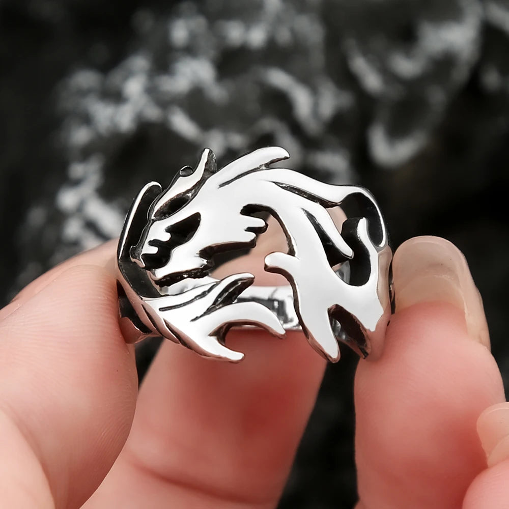 Fashion Punk Stainless Steel Fire Dragon Rings For Men Women Hip Hop Biker Vintage Vikings Animal Ring Amulet Jewelry