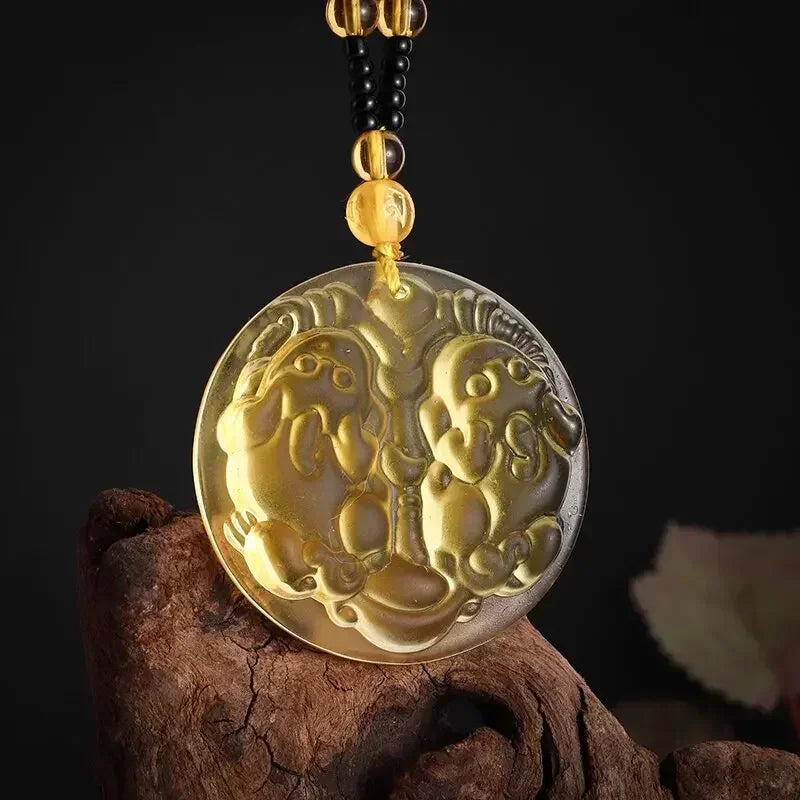 Obsidian Gossip Pendant Necklace Carving Dragon and Phoenix Shape Lucky Amulet Jewelry Six-Character Mantra Pearl