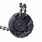 Obsidian Gossip Pendant Necklace Carving Dragon and Phoenix Shape Lucky Amulet Jewelry Six-Character Mantra Pearl