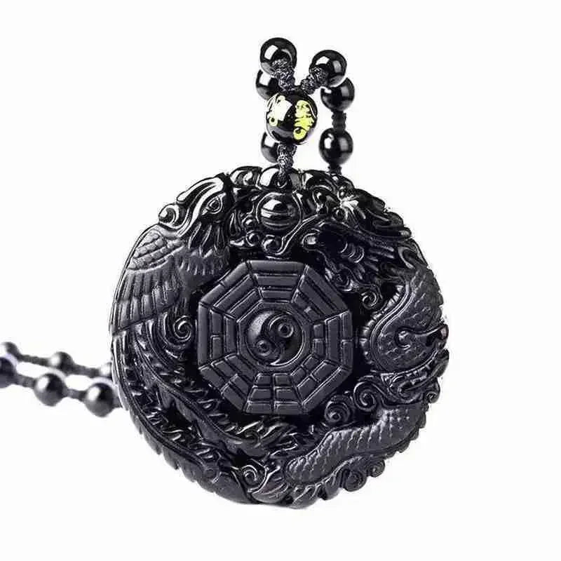 Obsidian Gossip Pendant Necklace Carving Dragon and Phoenix Shape Lucky Amulet Jewelry Six-Character Mantra Pearl
