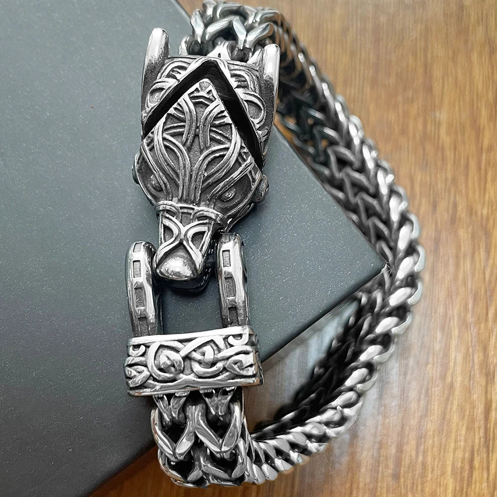 Norse Viking Wolf Bracelet for Men Stainless Steel 12MM Mesh Link Chain Open Wolf Mouth Men's Bracelets Nordic Jewelry