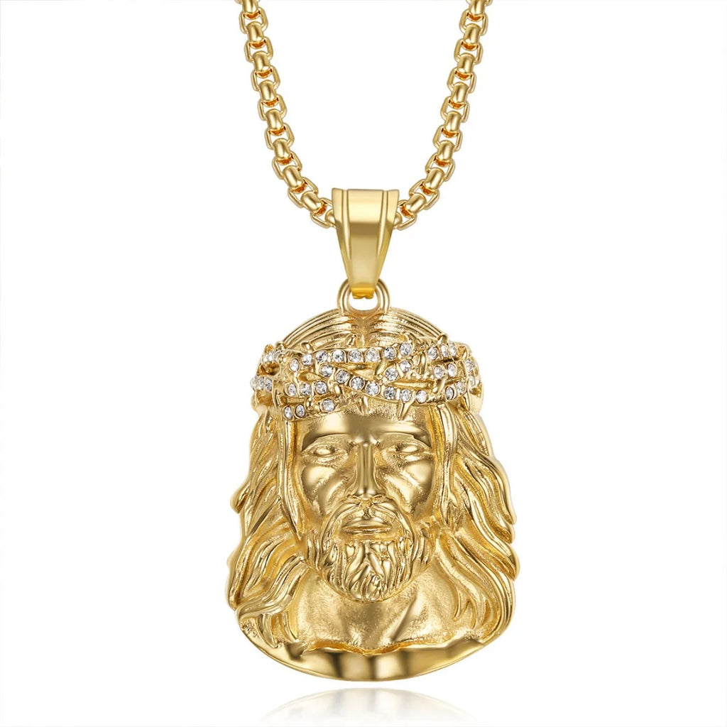 Religious Iced Out Bling Christ Jesus Head Pendant Stainless Steel Cubic Zirconia Christian Necklace for Women Men Jewelry Gift