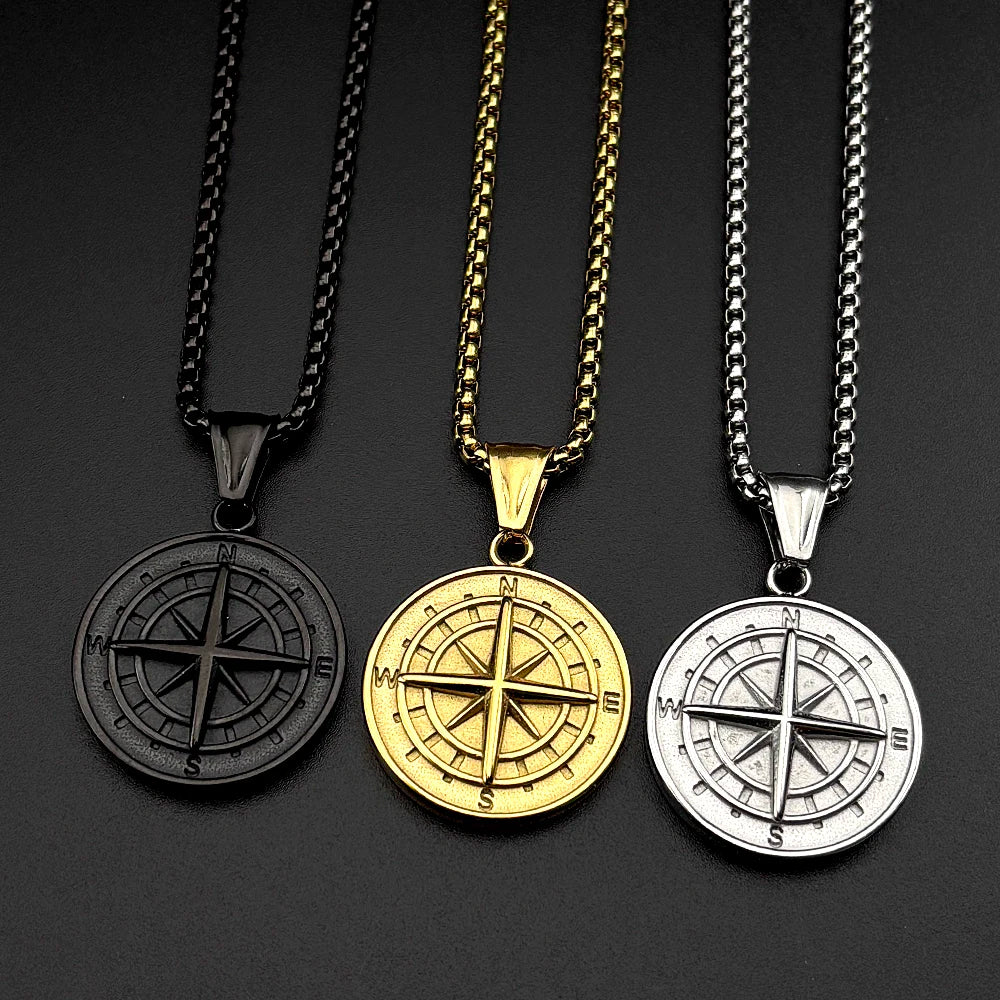 Compass Round Pendant Necklace Silver Color Stainless Steel Travel Adventure Gift Men Daily Street Casual Wear Chain Jewelry