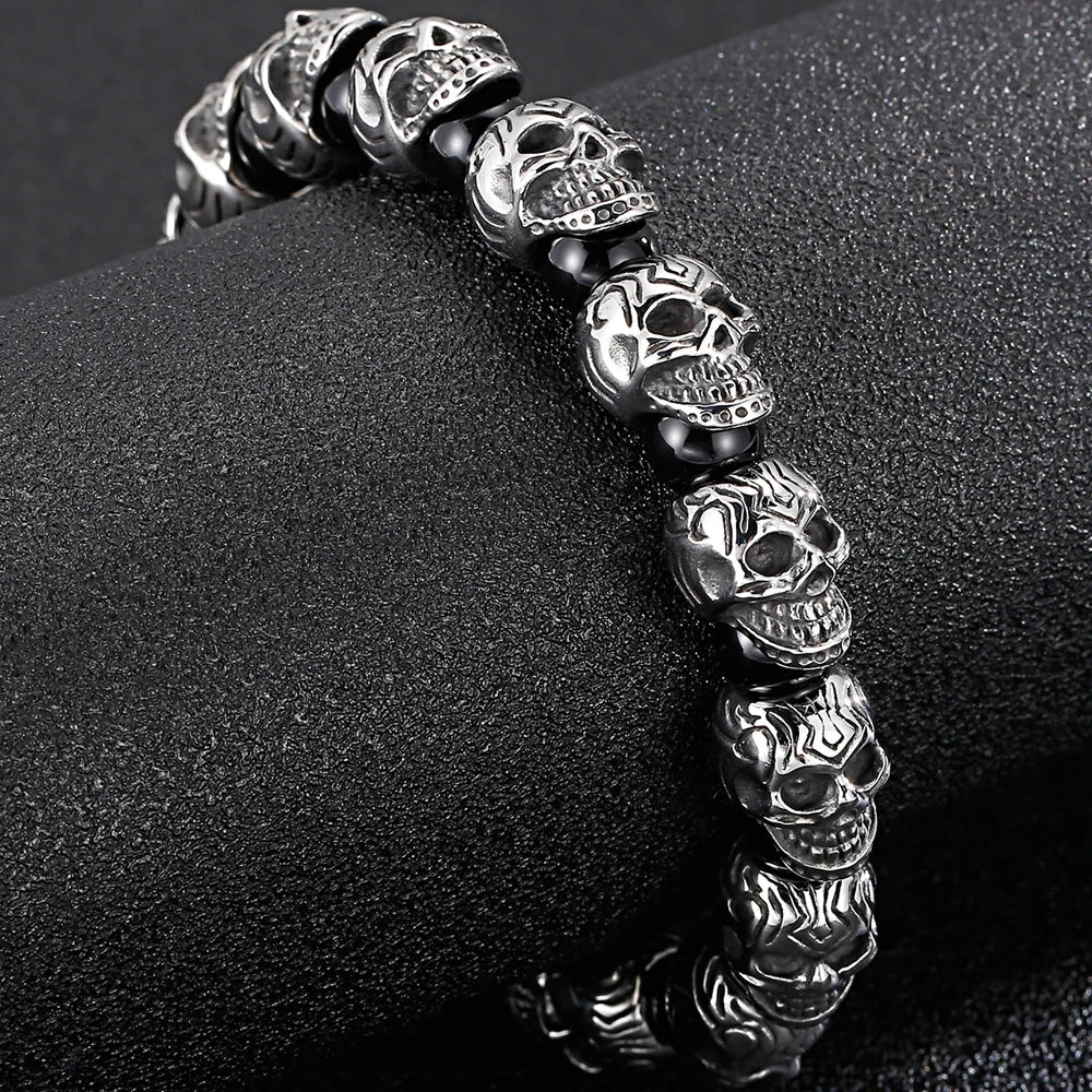 Punk Gothic Stainless Steel Skeleton Jewelry Full Skull Heads Chain Man Bracelet for Men Black Plastic Beads Bracelets
